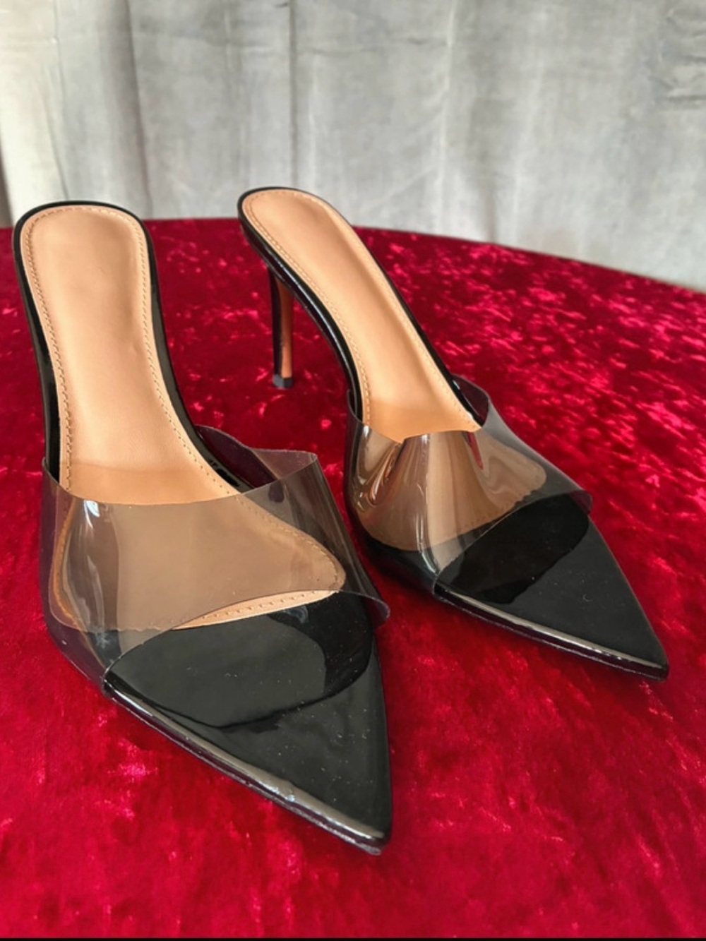 Black Pointed Toe Clear Strap Mule Heels - Women